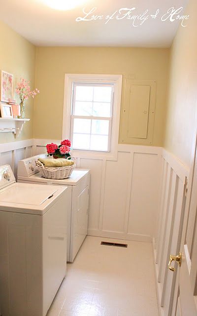 Laundry room - I like the chair-rail molding, color, and floor. I like it all. Yellow Laundry Room, Yellow Laundry, Redo Bathroom, Batten Walls, Small Wood Crafts, Basement Laundry Room, Board Batten, Board And Batten Wall, Love Of Family