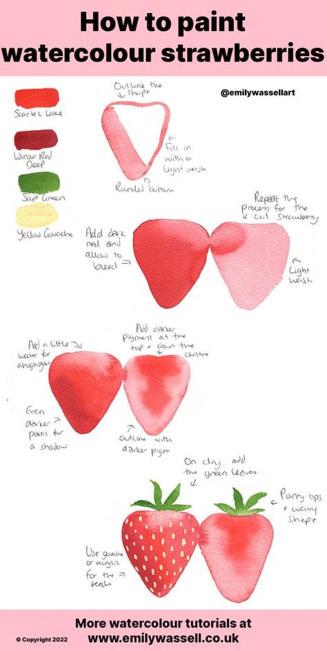 Water Colour Strawberry, Watercolour Painting Strawberries, Watercolour Fruits Painting, Fruit Drawing Watercolor, Strawberry Watercolour Painting, How To Shade Watercolor, Watercolor Paintings Strawberry, Strawberry Painting Tutorial, Watercolour Fruit Easy