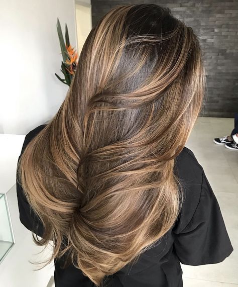 Blonde Hights With Brown Hair, Honey Highlights Brown Hair, Honey Brown Balayage On Black Hair, Light Brown Hair With Dark Highlights, Sunkissed Highlights Brown Hair, Brown Sugar Brunette, Balayage Hair Highlights, Brown Sugar Hair, Sunkissed Hair Brunette