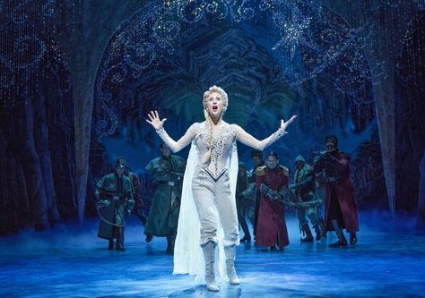 The show’s director clearly sought to amplify the movie’s mythic elements, but there were limits to what he could wring from the source material, which relies heavily on Disney cutesiness. Elsa Broadway, Frozen The Musical, Frozen On Broadway, Frozen Musical, Manhattan Times Square, Broadway Costumes, Broadway Nyc, Frozen Pictures, Frozen Costume