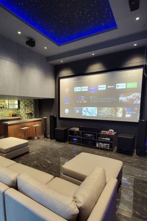 A home theater with a couch, a massive screen, LED Star Ceiling Panels, AND a mini bar?? What more could you want?! pc: paul_chung Mini Home Theater Design, Mini Cinema Room, Mini Home Theater, Modern Home Theater, Mini Bar At Home, Movie Theater Rooms, Theater Room Design, Home Cinema Room, Star Ceiling