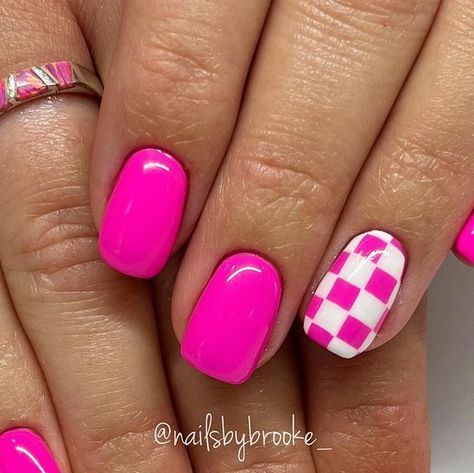 Brooke Jensen on Instagram: "💗We love a good pink moment in November!🎀 . . 🩷-using color 031 from @uglyducklingnails @uglyducklingproducts . . #gelpolish #handpaintednailart #naturalnailsonly #utahnailtech #utahnailartist #nailartist #nailart #naildesigns #nailartdesigns #freehandart #freehandnailart #gelnails #nails #nailmagazine #nailinspo #fallnails #fallnailart #novembernails #novembernailart #trendyfallnails #trendyfallnailart #neonpinknails #pinknails #brightpinknails #checkerednails #checkerednailart #pinkcheckerednails #pinkfallnails #fallcheckerednails" 70s Nail Colors, Wild Nails Acrylic, Short Nails Ideas Neon, Hot Pink And Checkered Nails, Hot Pink Checkered Nails, Neon Checkered Nails, Square Checkered Nails, Checkered Acrylic Nails, Checkered Flag Nails