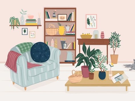 Living Room by Folio Illustration Agency on Dribbble Living Room Illustration, 달력 디자인, Garment Construction, Interior Design Sketches, Interior Illustration, House Illustration, Sustainable Home, Green Living, Art Room