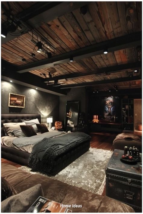 Dark Home Aesthetic Living Room, Cozy Bedroom For Men, Bedroom Design For Men, Bedroom For Men, Industrial Interior Design Bedroom, Industrial Bedroom Design, Industrial Style Bedroom, Men's Bedroom, Loft House Design