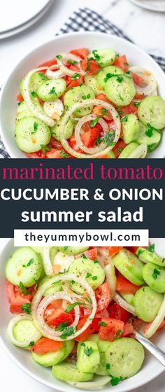 Marinated Cucumber Tomato and Onion Salad is a fresh summer side dish, it only takes 5 minutes to throw together, super simple and delicious. No summer feasting and BBQ party is the same without this salad. Marinated Cucumbers Onions And Tomatoes Vinegar, Cucumber Tomato Vinegar Salad, Cucumber Tomato Onion Salad Vinegar, Easy Summer Salads Simple, Tomato Cucumber And Onion Salad Vinegar, Cucumber Tomato Salad Vinegar, Cucumber Tomato And Onion Salad, Cucumber And Onion Salad, Light Salads