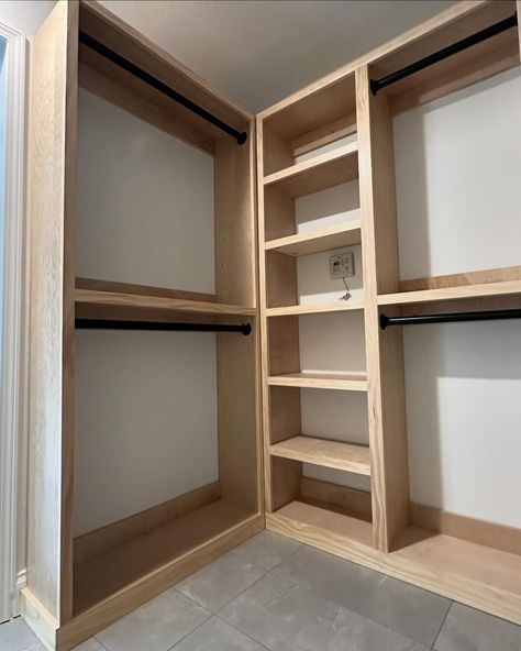 This master bedroom walk-in closet just got a complete makeover. ✨ Check out my latest custom closet system build. With plenty of rods to hang clothes, lots of shelving space and two dedicated shoe shelving units. This closet system was built to utilize every possible space. #closetsystem #closetshelving #closetorganization #closetbuild #organization #closets #wood #woodworking #maker #yesicanbuildthat Closet Not Walk In, Wrap Around Closet Shelves, Efficient Small Closet Layout, Shelving Ideas For Closet, Low Budget Closet Ideas, Bookshelf In A Closet, Wood Shelf Closet, Build Out Closet Master Bedrooms, Modular Walk In Closet