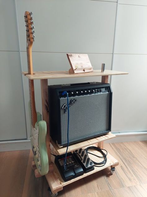 Guitar And Amp Stand, Guitar Pick Display Diy, Diy Guitar Rack, Music Office Decor, Guitar Rack Diy, Guitar Room Man Cave, Guitar Organization, Guitar Room Ideas, Guitar Amp Cabinet