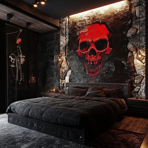 Skull Room Decor, Pirate Bedroom, Rosary Tattoo, Gear Room, Random Decor, Cool Room Designs, Loft Interior Design, Pink Wallpaper Girly, Halloween Goth