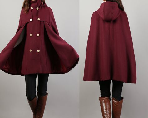 * A cool and long wool cape coat with hood, very elegant. * With double row gold color buttons and two pockets, fully lined. * If you want black or silver buttons, please let us know, thanks. * Stand up collar, more warmer. * Material: out shell - 50% wool, 50% polyester; lining - 100% polyester * Care: dry cleanable * Shop sizing chart FYI ( made according to US sizing. actual body figures, not laying flat clothes measurements) Size XS (US 2, UK 6, German 32, French 34, ) Bust: fits bust around Red Cape Outfit, Fantasy Coat, High Neck Coat, Mantel Cape, Hood Cape, Wool Cloak, Cute Winter Coats, Cape Outfit, Cape With Hood