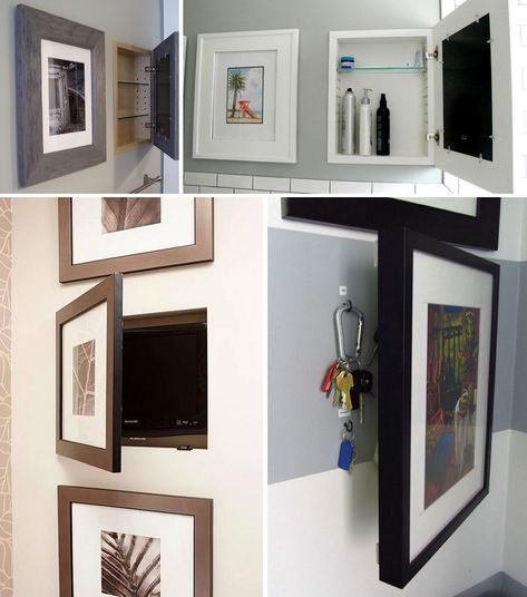 Hidden storage behind wall art Hidden Locker, Wall Nook, Bedroom 2023, Hidden Cabinet, Hiding Ugly, False Wall, Hidden Shelf, Hidden Spaces, Mediterranean Style Homes