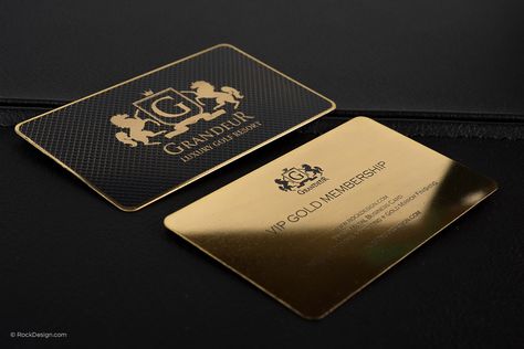 Luxury Gold Metal Business Card - Grandeur | RockDesign Luxury Business Card Printing Vip Card Design, Elegant Business Cards Design, Credit Card Design, Foil Business Cards, Metal Business Cards, Member Card, Graphic Design Business Card, Gold Business Card, Vip Card