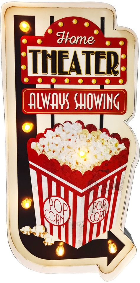 PRICES MAY VARY. 【LED Lighted Popcorn Signs】LED lighted up popcorn sign! Only 2 steps to light it up! Step 1: Insert 2 AA batteries(not included) into the back of the sign; Step 2: turn on the switch button at bottom. 【Home Snacks Signs, Home Cinema!】Enjoy your home cinema party! Made of metal and wooden. Wall mounted design(nails not included),funny natural light popcorn sign great for apartment, home bar, kitchen, and popcorn shop. 【Vintage Popcorn Signs】Looking for that retro feel? A must hav Popcorn Machine In Home, Vintage Popcorn Sign, Snacks Sign, Popcorn Sign, Basement Movie Room, Tin Decor, Cinema Party, Vintage Popcorn, Popcorn Shop