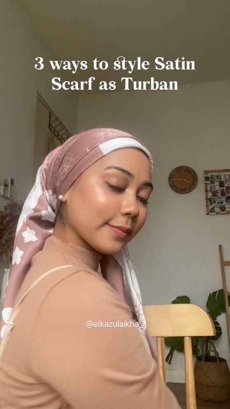 Essentials
 • Pins
 • Brooch
 • Hair bun
 • Inner cap
 • Turtleneck Square Satin Hijab, Brooch On Scarf, Silk Scarf Hijab Tutorial, Hijab Tied Back, Ways To Cover Hair Head Scarfs, Head Scarf Designs, How To Wrap Hair In Satin Scarf, Simple Head Scarf Style, Silk Scarf Turban Tutorial