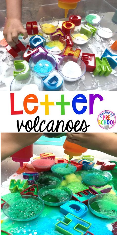 Letter Volcanoes will get your students excited about letters and it's great fine motor work too! Preschool, pre-k, and kindergarten kiddos will go crazy for this! #letters #preschool #letteractivity #prek Letter Provocations Preschool, Dino Literacy Preschool, Letter Volcano, Letters Preschool, Pocket Of Preschool, Pre-k Science, Preschool Sensory, Write Letters, Abc Activities