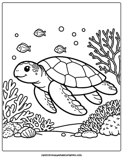 Get ready for an underwater adventure with our free kids coloring printable! Dive into the magical world of the ocean as you color in a beautiful sea turtle swimming near a vibrant coral reef. Download your free coloring page now and let the creativity flow! Coloring Sheets For Kindergarten Free Printable, Under The Sea Colouring Page, Sea Creature Coloring Pages Free Printable, Ocean Themed Coloring Pages, Daycare Coloring Pages, Watercolor Coloring Pages Free Printable, Coral Reef Coloring Pages, Under The Sea Coloring Pages Free, Free Ocean Coloring Pages