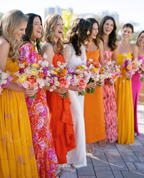 Sunset Colors Bridesmaid Dresses, Floral Bridesmaid Dresses Mismatched Color Palettes, Summer Bridesmaid Colors, Citrus Wedding Bridesmaids, Colorful Mismatched Bridesmaid Dresses, Citrus Wedding Color Palette, Mismatched Bridesmaid Dresses Summer, Tropical Wedding Bridesmaid Dresses, Bridesmaids Colors Summer