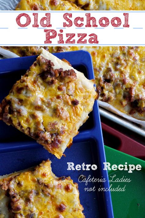 This Old School Cafeteria Pizza recipe captures the essence of all that was good in the school cafeterias of our youth. (Cafeteria ladies not included.) | The Good Hearted Woman #pizza #pizzarecipes #vintagerecipes #schoollunch #retrorecipes Old School Lunch Recipes, School Pizza Recipe, School Cafeteria Pizza Recipe, School Cafeteria Pizza, Cafeteria Pizza, Cafeteria Recipes, Old School Pizza, School Cafeteria Food, School Pizza