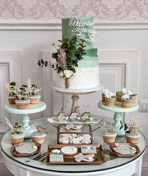 Sage Green Sweets Table, Sage Green Baby Shower Dessert Table, Quince Dessert Table Ideas, Mint Green Quince, Sage Green Dessert Table, Quince Dessert Table, Cake Table Decorations Birthday, Wedding Dessert Table Decor, Bridal Shower Desserts Table