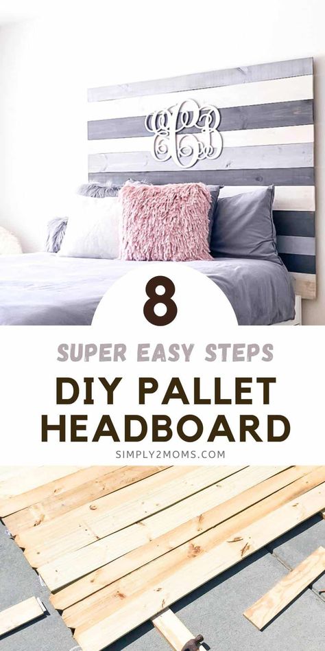 Build this pallet headboard using inexpensive fence pickets in 8 simple steps. Rustic updated style for teen girl bedroom makeover. Cut tops of fence pickets then sand smooth. Use two different widths for a more unique style. Stain wood pallets in three different coordinating colors. Budget friendly custom handmade DIY headboard. Modern farmhouse bedroom update with touches of glam mixed in. Monogram attached to pallet headboard personalizes the room. Headboard attached to Ikea Brimnes bed frame 2x4 Headboard Diy, Twin Size Headboard Ideas, Homemade Bed Headboards, Diy Pallet Bed Headboard, Homemade Headboards Diy Wood, Diy Headboard Projects, Unique Headboards Diy, Pallet Headboard Ideas, Diy Headboards Wooden