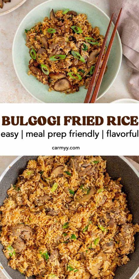 Coming together in a flash, this bulgogi fried rice is a simple and delicious recipe that's perfect for a weeknight meal. Full of mouthwatering savory flavor, you will want to make this bulgogi beef fried rice weekly! It also keeps well, so it's perfect as a packed lunch. Bulgogi Fried Rice, Beef Fried Rice, Asian Side Dishes, Bulgogi Recipe, Savory Rice, Kimchi Fried Rice, Bulgogi Beef, Packed Lunch, Bulgogi