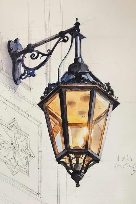 Watercolour Architectural Drawings, Lamp Post Painting Watercolor, Tone Paper Art, Lamppost Sketch, Bakery Illustration Drawings, Anime Lantern, Lantern Watercolor Painting, Architecture Painting Acrylic, Lantern Reference