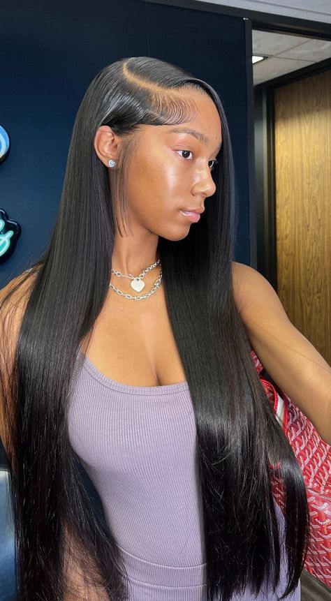 Straight Deep Side Part Wig, 34 Inch Side Part Wig, Side Part With Layers Straight Hair, Side Part Wig Straight Hair, Straight Wig Install Hairstyles, Side Part Layers Straight Hair, Layered Wig Side Part, Side Part Lace Front Wigs Straight, Wig Install Hairstyles Straight Hair