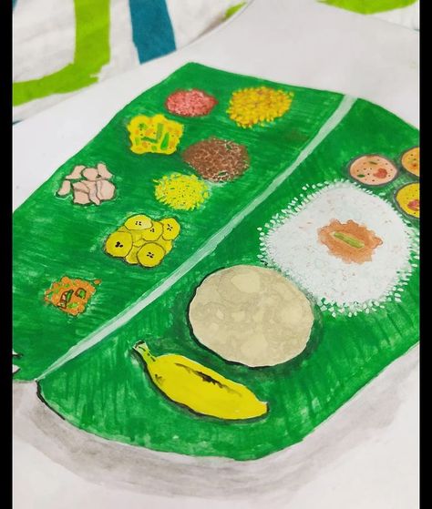 Food Painting Onam Sadhya Illustration, Onam Painting Ideas, Onam Drawing Ideas, Kerala Piravi Drawings, Onam Decoration Ideas For School, Onam Painting, Onam Festival Drawing, Onam Drawing, Finger Tricks