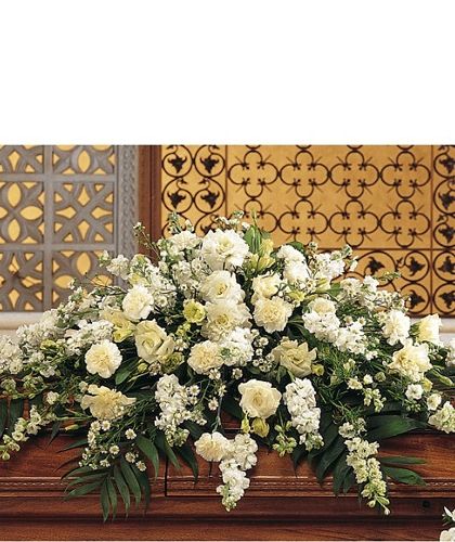 this is pretty. the greenery offsets the white flowers White Casket Spray, White Casket, Sympathy Floral, Casket Spray, Casket Flowers, Casket Sprays, Memorial Flowers, Sympathy Flowers, Flower Spray