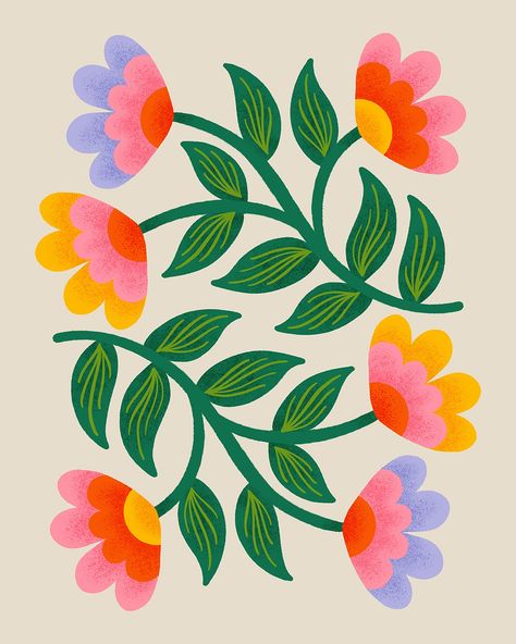 Colorful retro-inspired symmetrical floral art print illustration Symmetrical Flowers, Art Print Aesthetic, 18x24 Poster, 캐릭터 드로잉, Wire Binding, Paper Frame, Arte Inspo, Art Et Illustration, Flower Illustration