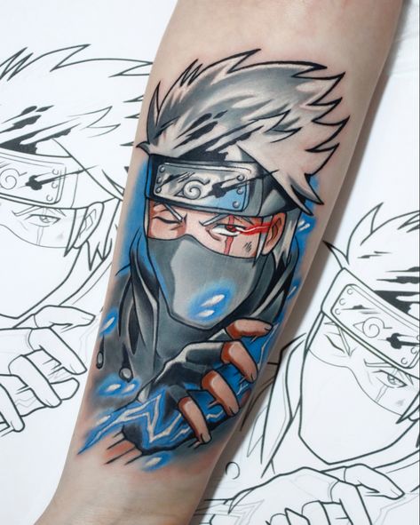 Kakashi Reference, Kakashi Tattoo, Naruto Tattoos, Hungry Wolf, Chicano Tattoos Sleeve, Gamer Tattoos, Tattoo Anime, Nerd Tattoo, Movie Tattoos