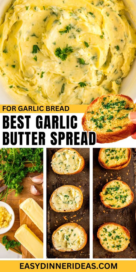 This 5-minute garlic butter spread with herby parsley and a touch of garlic salt is everything you need for a toasty baguette appetizer. It's light, fluffy, and perfectly creamy! Add smoked paprika, sliced jalapeños, or crunchy walnuts for more flavor. #garlicspread #garlicbutter #easycondiment Thick Garlic Butter Sauce, Homemade Garlic Butter Spread, Garlic Bread Butter Spread, Garlic Butter Egg Diet, How To Make Garlic Butter, Garlic Butter Spread For Bread, Garlic Butter Recipe Homemade, Garlic Spread Recipes, Garlic Spread For Bread