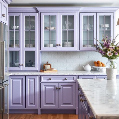 Craft a charming Provence lavender-inspired kitchen with pale purple glass-front cabinets and rustic crown molding. #ProvenceLavender #FrenchCountry 💜 Rustic Crown Molding, Glass Cabinet Kitchen, Glass Cabinets Kitchen, Purple Cabinet, Lilac Kitchen, Purple Cabinets, Glass Kitchen Cabinets, Glass Cabinets, Provence Lavender