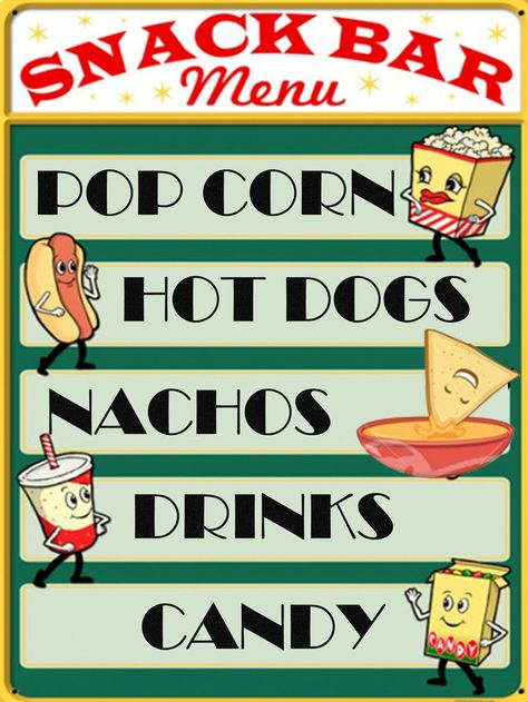 Movie Room Snack Bar, Movie Snack Bar, Movie Theater Concession, Movie Theater Snack Bar, Diy Movie Room, Snack Bar Menu, Movie Classroom, Snack Bar Sign, Concession Stand Menu