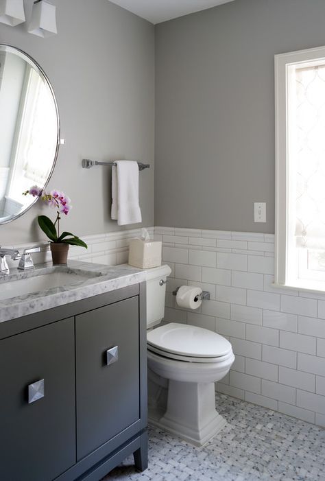 Wall color is Sterling Silver by Benjamin Moore. Cahill Design Small Grey Bathrooms, Small Basement Bathroom, Makeover Kamar Mandi, Updated Bathroom, Gray And White Bathroom, Subway Tiles Bathroom, Bilik Air, Gray Bathroom Decor, Bad Inspiration