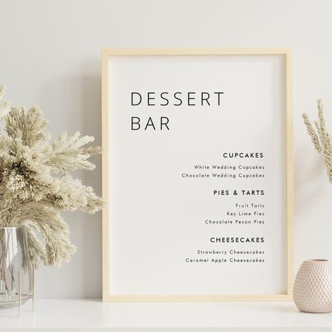 Modern Minimalist Wedding Dessert Bar Menu Sign White Wedding Cupcakes, Wedding Dessert Bar, Wedding Bar Menu Sign, Bar Menu Sign, Vip Experience, Dessert Bar Wedding, Cookie Table, Bar Menu Wedding, Menu Sign