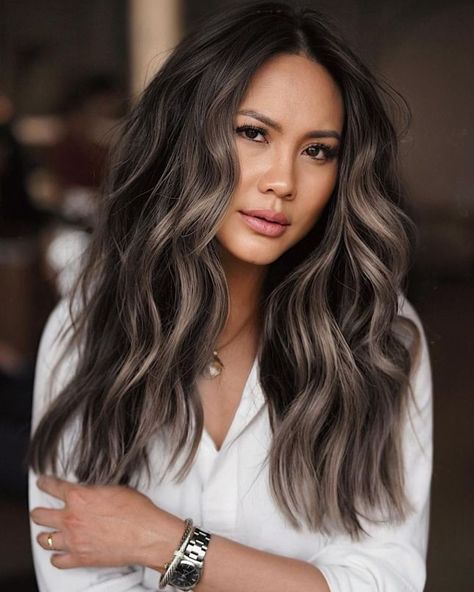 Face-Framing Ash Brown Highlights on Black Hair Natural Ash Brown Hair, Ashy Brown, Light Ash Brown Hair, Dark Black Hair, Long Hair Highlights, Gray Balayage, Ash Brown Hair Color, Mushroom Hair, Black Brown Hair