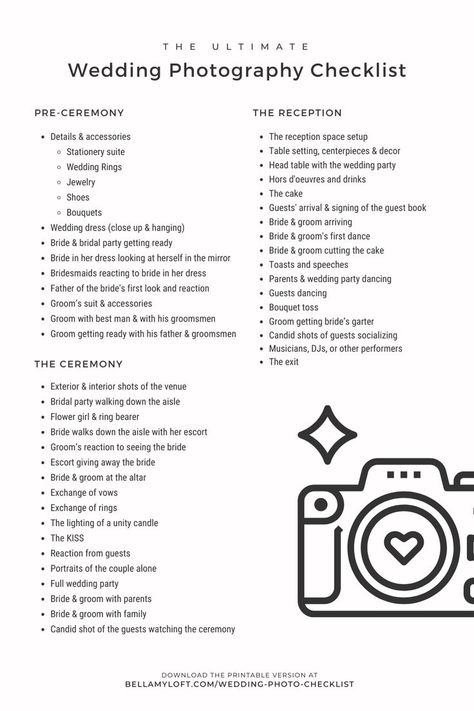 Wedding Photography Checklist Wedding Photography Checklist Printable, Photographer Checklist, Post Wedding Checklist, Wedding Photographer Checklist, Wedding Photography Shot List, Photography Business Plan, Photography Checklist, Wedding Photo Checklist, Wedding Photography List