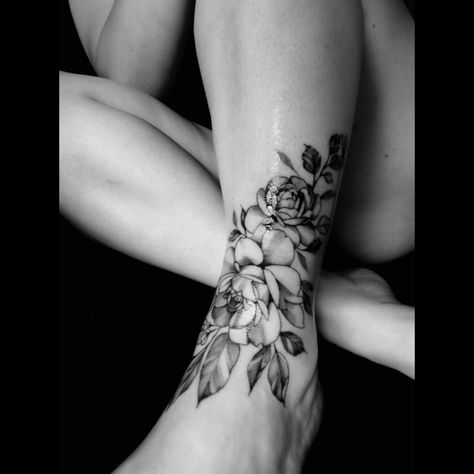 Ankle Tattoo Large, Front Lower Leg Tattoo Women, Peony Tattoo Ankle, Large Ankle Tattoo Cover Up, Large Ankle Tattoo, Big Ankle Tattoos For Women, Peony Foot Tattoo, Tattoo Cover Up Ideas For Women Ankle, Ankle Lower Leg Tattoos