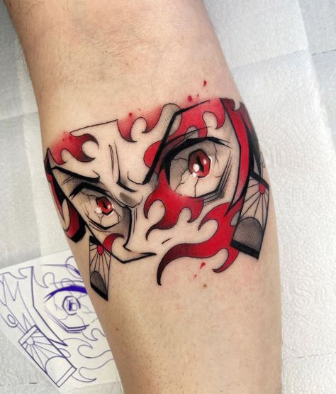 Lord Tengen Tattoo, Nezuko Eyes Tattoo, Demon Slayer Eyes Tattoo, Anime Tattoos For Men Ideas, Demon Slayer Inspired Tattoos, Anime Geometric Tattoo, Demon Slayer Tattoo Ideas Minimalist, Anime Related Tattoos, Tanjiro Earring Tattoo