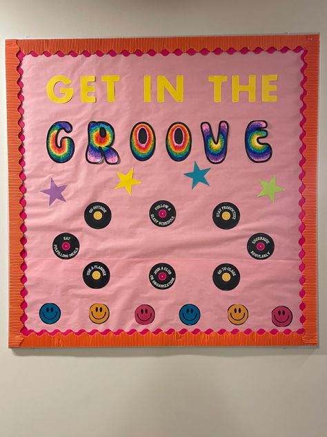 70s Bulletin Board, Disco Ball Bulletin Board Ideas, Groovy Classroom Theme Ideas, Groovy Door Decorations, 70s Bulletin Board Ideas, Welcome Bulletin Boards College, College Floor Themes, Floor Themes Residence Hall, Ra Dorm Hall Themes