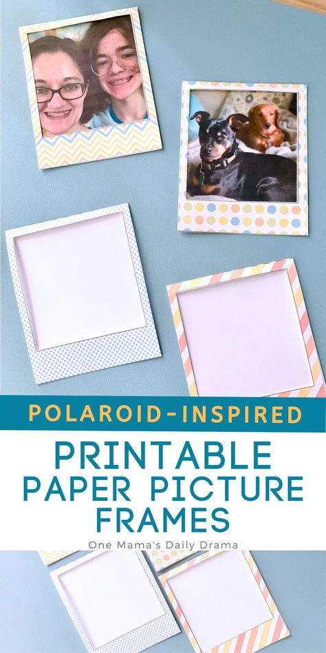 Turn any photo into art for decor and scrapbooks with a cute printable paper picture frame shaped like classic Polaroids. Colorful picture frames + templates to use with any paper. Download now at One Mama's Daily Drama. Photo Frame Paper Craft, Make Your Own Frame, Picture Collage Ideas For School Project, Picture Frame Templates Free Printable, School Photo Frame Ideas, Paper Frames For Pictures, Diy Picture Frames For Kids, Polaroid Template Printable, Paper Frame Template