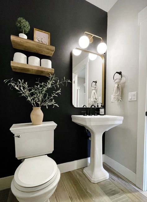 Dark Moody Small Bathroom Ideas, Black Wall Half Bath, Guest Bathroom Half Baths, Powder Room Ideas Toilet Beside Sink, Small Powder Bathroom Ideas Pedestal Sink, Modern Bathroom Design Half Bath, Half Bath Upgrade, Modern Small Half Bathroom Ideas, Downstairs Half Bathroom Ideas