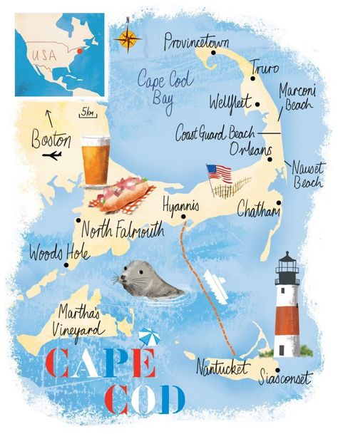 the best time to visit cape cod on a budget - map of cape cod - artist jessop Cape Cod Addition Ideas, Cod Aesthetic, Cape Cod Aesthetic, Cape Cod Travel, Cap Cod, Cape Cod Map, Cape Cod Bay, Cape Cod Vacation, Illustrated Maps