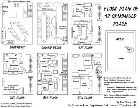 Floor Plan of 12 Grimmauld Place. Hogwarts Layout, Hogwarts Minecraft, 12 Grimmauld Place, Grimmauld Place, Ron Y Hermione, Harry Potter Places, Castle Plans, Potter Fanart, Theme Harry Potter