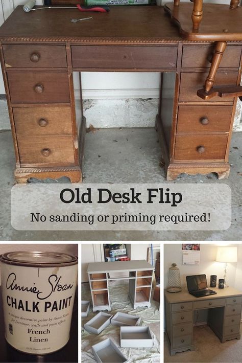 One garage sale find turned stunning show-stopper! This old desk went from trash to treasure with a little bit of Annie Sloan Chalk Paint! See the process and get the tips on Splendry! Painting Bedroom Furniture, Diy Desk Makeover, Chalk Paint Desk, Refurbished Desk, Desk Flip, Antiquing Furniture Diy, Desk Redo, Painted Bedroom, Painted Bedroom Furniture