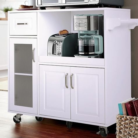 PHI VILLA Kitchen Cart with Locking Wheels Microwave Cart with Storage Cabinet Movable Kitchen Island Cart with Extendable Shelves Towel Rack and Drawers Kitchen Island With Microwave, Island With Microwave, Textured Glass Door, Kitchen Utility Cart, Functional Kitchen Island, Microwave Cart, Portable Kitchen Island, Microwave Shelf, Rolling Kitchen Cart