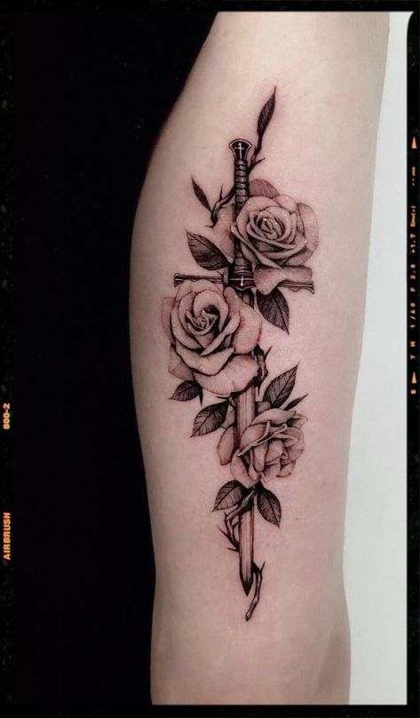 Swords And Roses Tattoo, Arm Tattoo Swords, Complex Tattoos Design, Dager Tattoos With Rose, Spine Tattoo Rose Vine, Rose With Swords Tattoo, Ephesians Tattoo, Knife With Rose Tattoo, Rose And Vine Tattoo