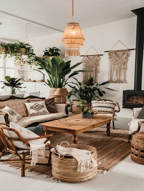 Scandinavian Boho Living Room, Boho Family Room, Eclectic Boho Living Room, Boho Living Room Designs, Modern Boho Living Room Decor, Living Room Design Boho, Cozy Boho Living Room, Boho Living Room Ideas, Lush Plants