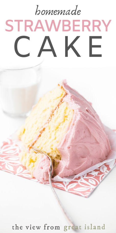 Homemade Yellow Cake with Strawberry Frosting ~ simple, homey, and fresh, this strawberry cake is the perfect finish for a spring meal or birthday dinner! #easy #recipe #best #fresh #layercake #cake #dessert #Easter #mothersday #wedding #shower #cake #strawberry #yellowcake #pink #babyshower Cake With Strawberry Frosting, Strawberry Frosting Recipes, Banana Filling, Homemade Yellow Cake, Dessert Easter, Homemade Strawberry Cake, Yellow Cake Recipe, Cake With Strawberry, Cake Strawberry