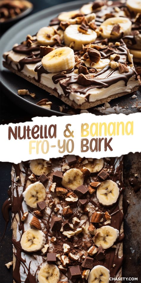 Banana & Nutella Frozen Yogurt Bark [20 Minutes] - Chasety Fruit Yogurt Bark, Frozen Nutella Treats, Healthy Sweet Snacks Store Bought, Raspberry Yogurt Bark, Yogurt Bark Ideas, Frozen Banana Snacks, Banana Yogurt Bark, Keto Frozen Yogurt Bark, What To Put In Yogurt